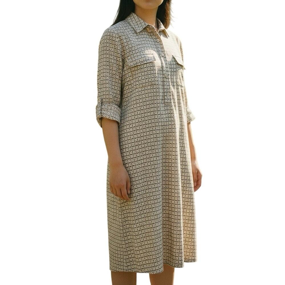 J.McLaughlin Shirt Dress Geometric Gold Brown Nylon Spandex L